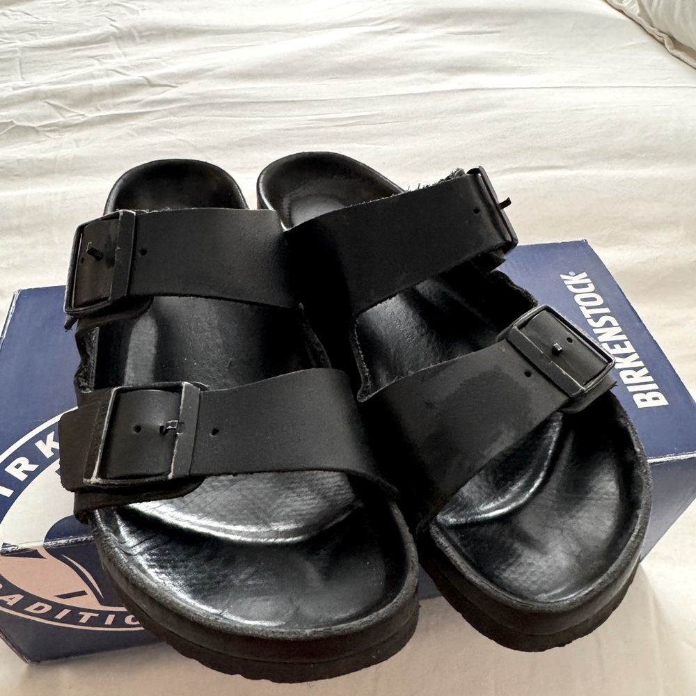 black genuine leather birkenstock sandals